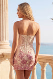 Sparkly Strapless Gold and Pink Bodycon Sequins Homecoming Dress