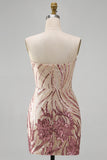 Sparkly Strapless Gold and Pink Bodycon Sequins Homecoming Dress