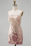 Sparkly Strapless Gold and Pink Bodycon Sequins Homecoming Dress
