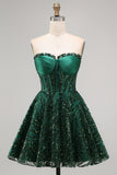Sparkly Strapless A-Line Dark Green Corset Sequins Short Homecoming Dress