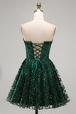 Sparkly Strapless A-Line Dark Green Corset Sequins Short Homecoming Dress