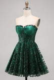 Sparkly Strapless A-Line Dark Green Corset Sequins Short Homecoming Dress