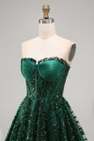 Sparkly Strapless A-Line Dark Green Corset Sequins Short Homecoming Dress