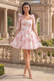 White Pink Flower A-Line Thick Straps Chiffon Homecoming Dress