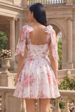 White Pink Flower A-Line Thick Straps Chiffon Homecoming Dress