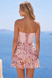 Pink Strapless A-Line Corset Floral Homecoming Dress with Ruffles