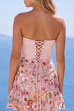 Pink Strapless A-Line Corset Floral Homecoming Dress with Ruffles