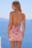 Pink Spaghetti Straps Floral Bodycon Homecoming Dress with Beading
