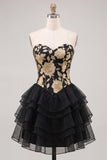 A-Line Gold and Black Sweetheart Floral Tiered Homecoming Dress with Lace Up Back