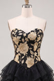 A-Line Gold and Black Sweetheart Floral Tiered Homecoming Dress with Lace Up Back