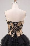 A-Line Gold and Black Sweetheart Floral Tiered Homecoming Dress with Lace Up Back