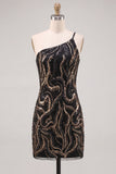 Sparkly One Shoulder Black Sequins Bodycon Homecoming Dress