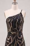 Sparkly One Shoulder Black Sequins Bodycon Homecoming Dress