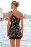 Sparkly One Shoulder Black Sequins Bodycon Homecoming Dress
