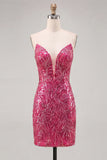 Sparkly Fuchsia Sweetheart Bodycon Sequins Homecoming Dress with Lace Up Back