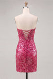 Sparkly Fuchsia Sweetheart Bodycon Sequins Homecoming Dress with Lace Up Back