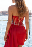 Sweetheart Red Bodycon Sheer Corset Ruched Sequins Homecoming Dress with Sash