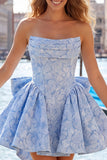 Hot Pink Strapless Floral A-Line Jacquard Bow Homecoming Dress with Lace Up Back