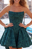Hot Pink Strapless Floral A-Line Jacquard Bow Homecoming Dress with Lace Up Back