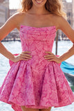 Hot Pink Strapless Floral A-Line Jacquard Bow Homecoming Dress with Lace Up Back