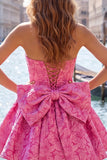 Hot Pink Strapless Floral A-Line Jacquard Bow Homecoming Dress with Lace Up Back