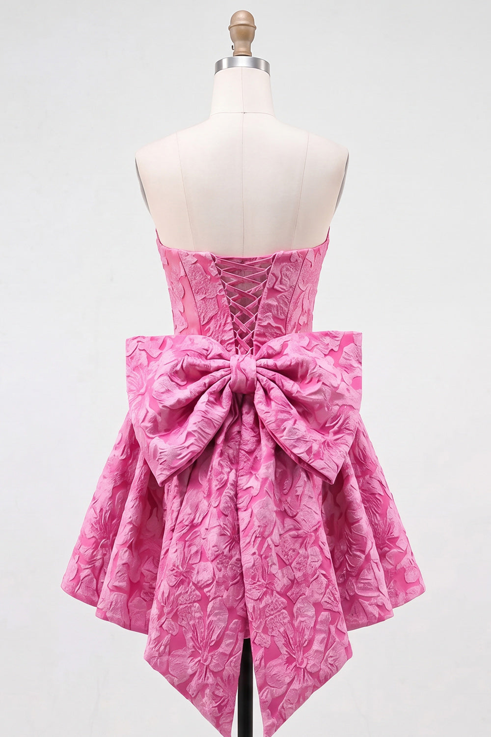 ZAPAKA Women Hot Pink Homecoming Dress with Lace Up Back Strapless Floral A-Line Jacquard Mini Cocktail Dress with Bow, Pink / US20W