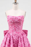 Hot Pink Strapless Floral A-Line Jacquard Bow Homecoming Dress with Lace Up Back