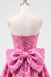 Hot Pink Strapless Floral A-Line Jacquard Bow Homecoming Dress with Lace Up Back