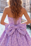 Hot Pink Strapless Floral A-Line Jacquard Bow Homecoming Dress with Lace Up Back