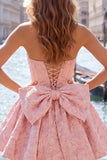 Hot Pink Strapless Floral A-Line Jacquard Bow Homecoming Dress with Lace Up Back
