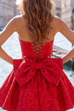 Hot Pink Strapless Floral A-Line Jacquard Bow Homecoming Dress with Lace Up Back