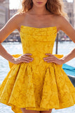Hot Pink Strapless Floral A-Line Jacquard Bow Homecoming Dress with Lace Up Back