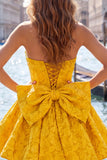 Hot Pink Strapless Floral A-Line Jacquard Bow Homecoming Dress with Lace Up Back