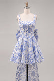 A-Line Light Blue Square Neck Jacquard Bow Homecoming Dress with Lace Up Back