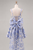 A-Line Light Blue Square Neck Jacquard Bow Homecoming Dress with Lace Up Back
