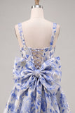 A-Line Light Blue Square Neck Jacquard Bow Homecoming Dress with Lace Up Back