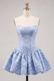 A-Line Blue Jacquard Floral Corset Strapless Homecoming Dress