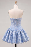 A-Line Blue Jacquard Floral Corset Strapless Homecoming Dress