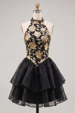 Gold and Black Halter Neck Tiered Floral A-Line Homecoming Dress with Lace Up Back