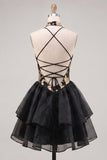 Gold and Black Halter Neck Tiered Floral A-Line Homecoming Dress with Lace Up Back