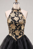 Gold and Black Halter Neck Tiered Floral A-Line Homecoming Dress with Lace Up Back