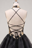 Gold and Black Halter Neck Tiered Floral A-Line Homecoming Dress with Lace Up Back