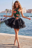 Gold and Black Halter Neck Tiered Floral A-Line Homecoming Dress with Lace Up Back
