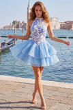 Gold and Black Halter Neck Tiered Floral A-Line Homecoming Dress with Lace Up Back