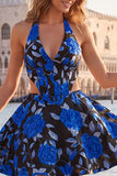 A-Line Halter Neck Light Blue Cut Out Floral Corset Backless Homecoming Dress