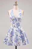 A-Line Halter Neck Light Blue Cut Out Floral Corset Backless Homecoming Dress