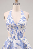 A-Line Halter Neck Light Blue Cut Out Floral Corset Backless Homecoming Dress