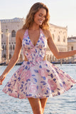 A-Line Halter Neck Light Blue Cut Out Floral Corset Backless Homecoming Dress