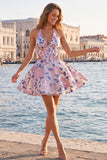 A-Line Halter Neck Light Blue Cut Out Floral Corset Backless Homecoming Dress