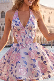 A-Line Halter Neck Light Blue Cut Out Floral Corset Backless Homecoming Dress